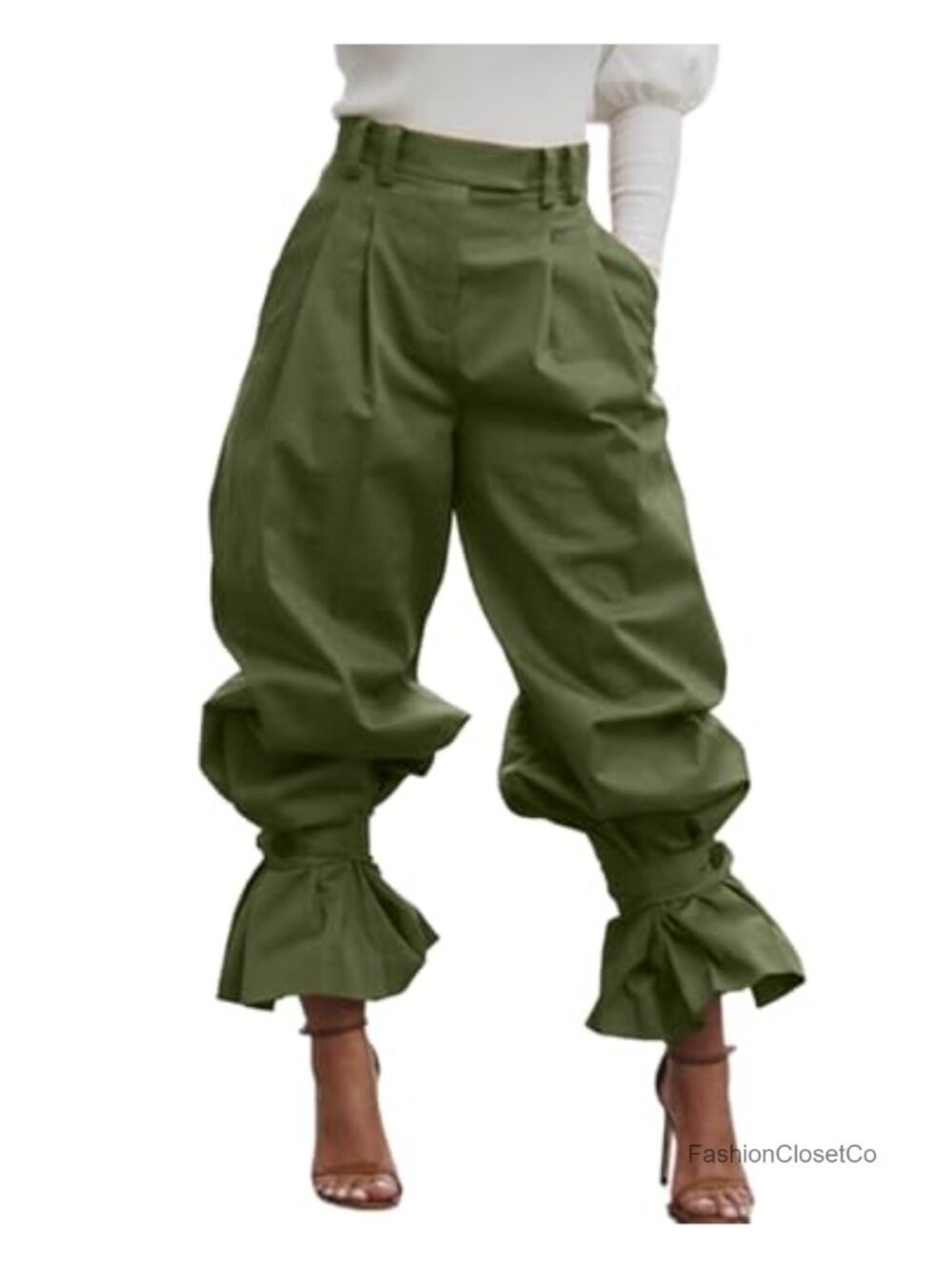 Women's High Waisted Pleated Wide Leg Pants with Pockets & Ankle Straps
